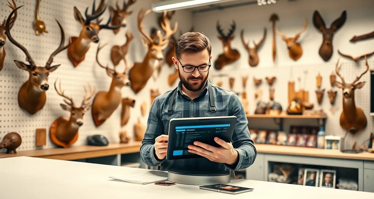 AI-powered taxidermy intake efficiency Taxidermy shop owner using MountChief AI intake system to process specimens, reducing intake time from 22 to 3 minutes per mount.