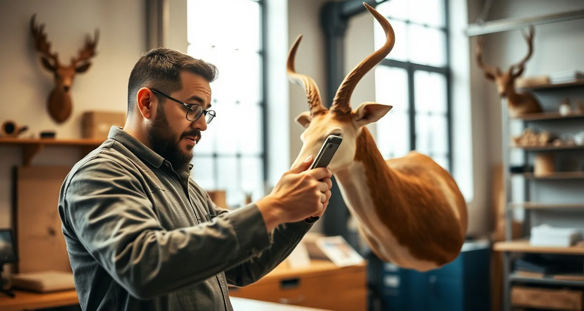 AI-powered intake process for taxidermy specimen documentation Taxidermist using AI intake software on mobile device to photograph and document animal specimen details for digital job management