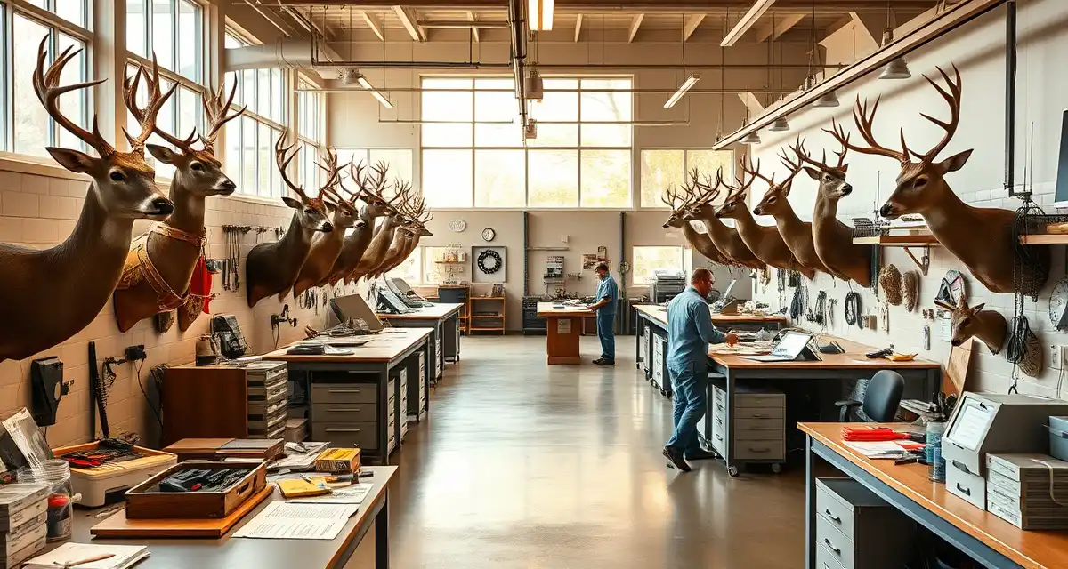 Taxidermy shop management during Alabama peak season Modern taxidermy shop management workspace in Alabama with organized workstations and peak season operations during deer hunting season.