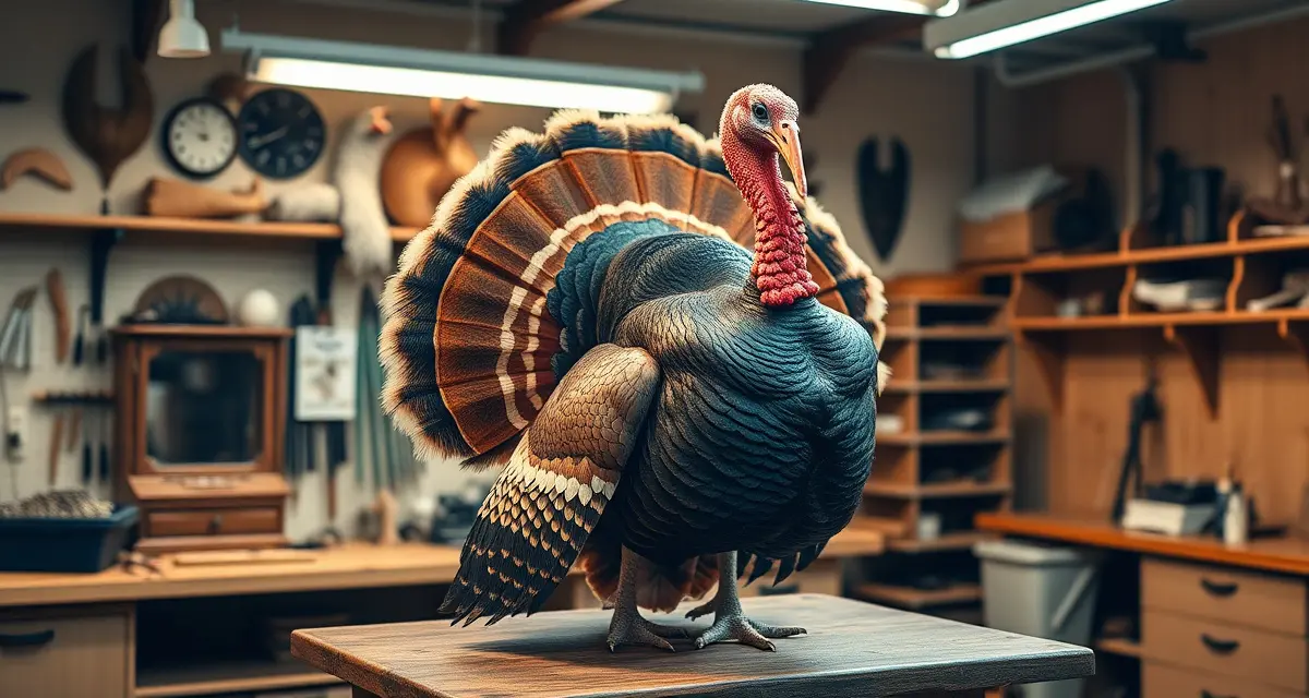 Turkey taxidermy preparation for Alabama season Taxidermist preparing wild turkey mount for Alabama spring season, showcasing professional feather detail and mounting technique