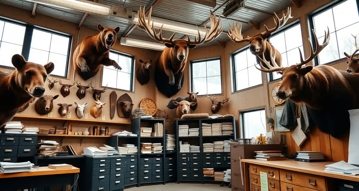 Professional Alaska taxidermy business management Modern taxidermy shop workspace showcasing trophy mounts and organized record-keeping systems for Alaska ADF&G compliance requirements