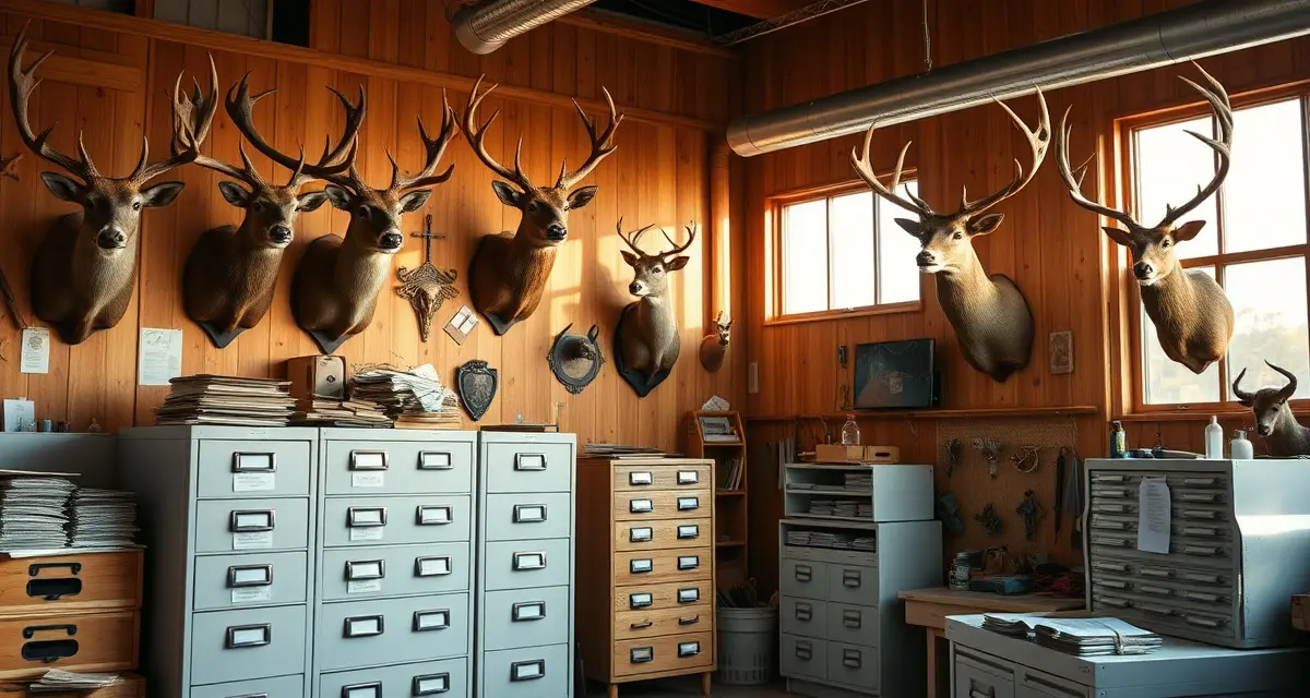 Taxidermy shop management software for Arizona compliance Arizona taxidermy shop with organized permit documentation systems and mounted big game species specimens