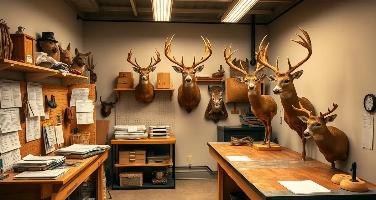 Taxidermy shop prepared for Arkansas 5-month deer season Organized taxidermy shop intake station during Arkansas deer season with AGFC documentation and professional workstations for efficient deer processing.