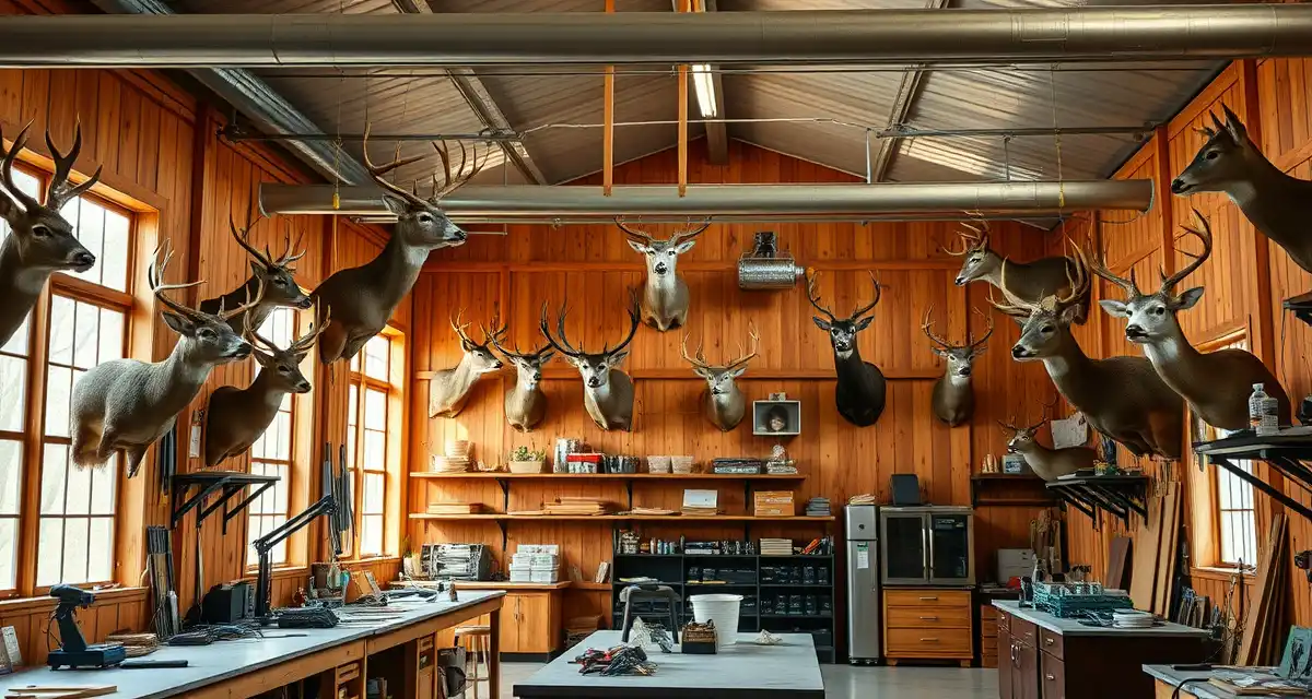 Efficient taxidermy business operations with professional mounting displays Modern taxidermy shop workspace showing mounted deer displays and organized management systems for Arkansas taxidermists