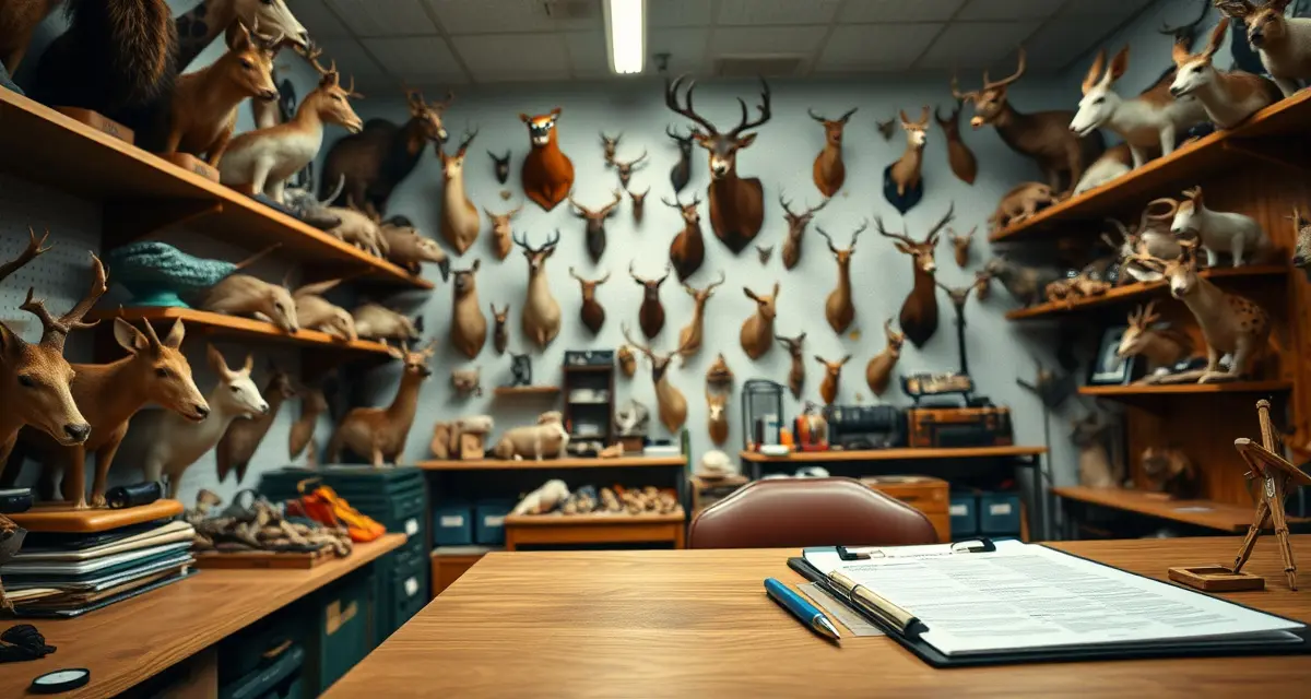 Bailee Insurance Coverage for Taxidermy Businesses Taxidermist shop workspace with mounted animal specimens and insurance documentation for bailee coverage costs