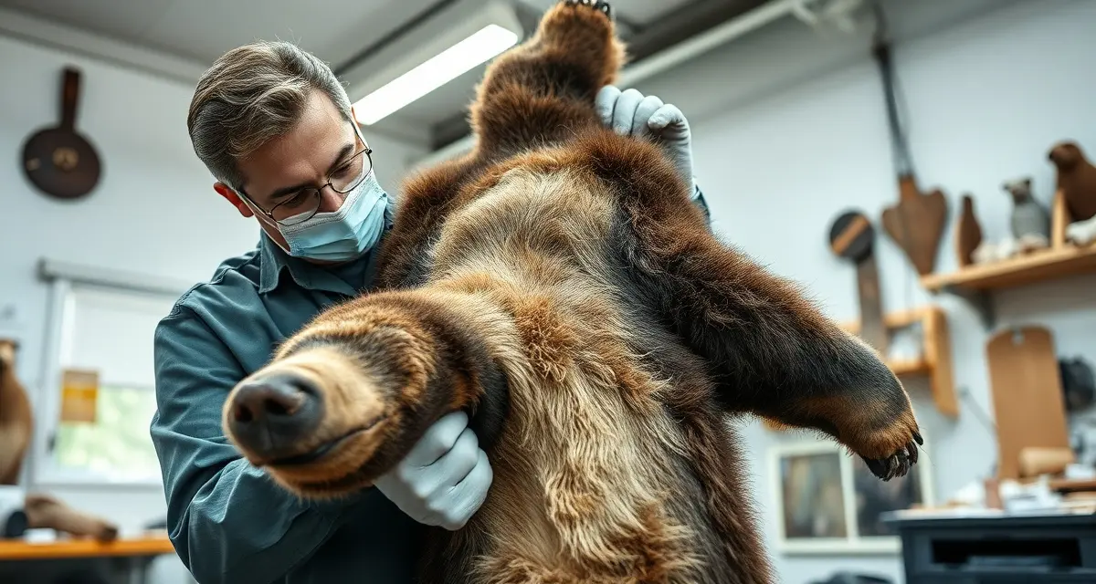 Professional bear hide field care for taxidermists Taxidermist demonstrating proper bear hide field care and preparation techniques before processing