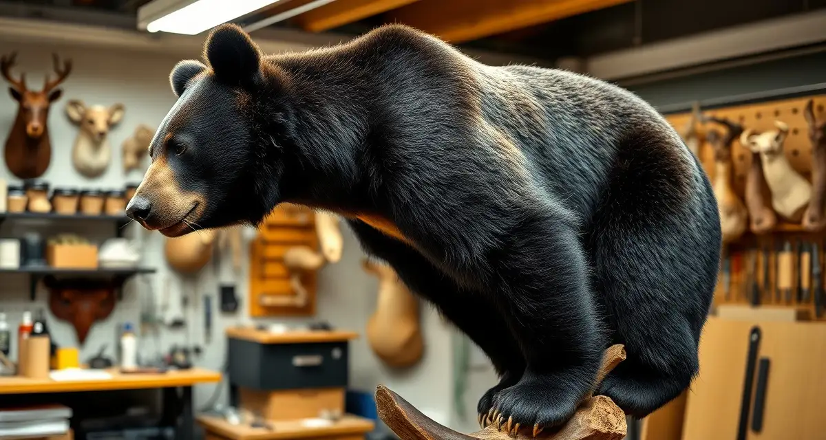 High-value bear mount tracking in taxidermy management software Professional black bear mount display showing completed taxidermy specimen with detailed craftsmanship in studio setting