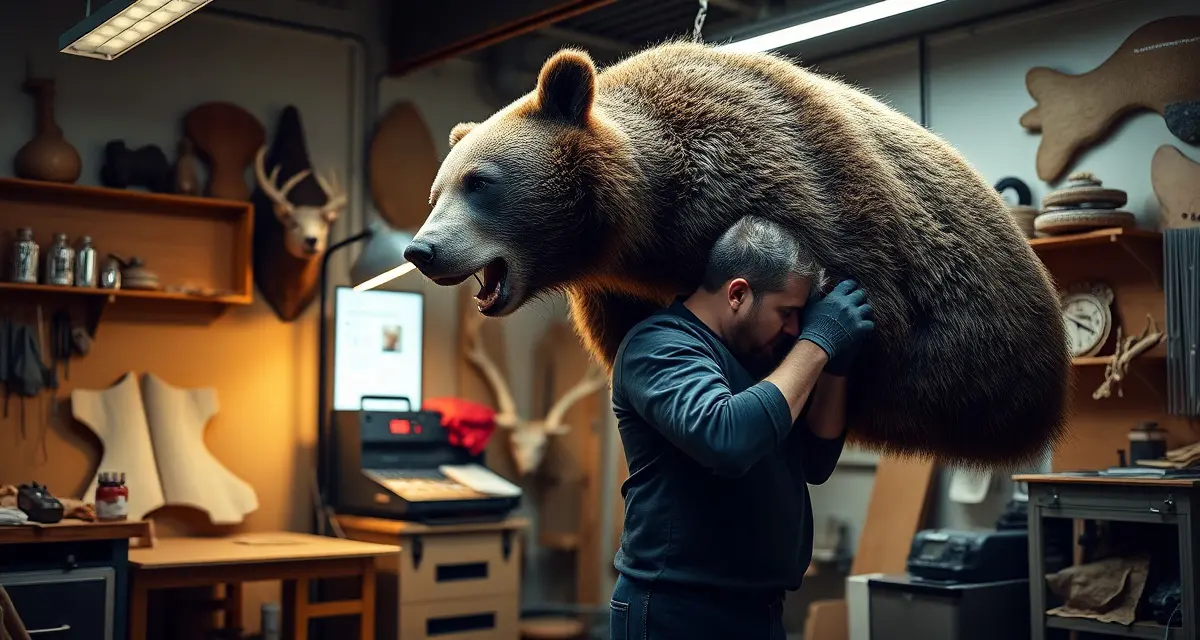Expert bear mount taxidermy pricing and craftsmanship Professional taxidermist working on bear mount in workshop, demonstrating the labor-intensive process of bear taxidermy pricing