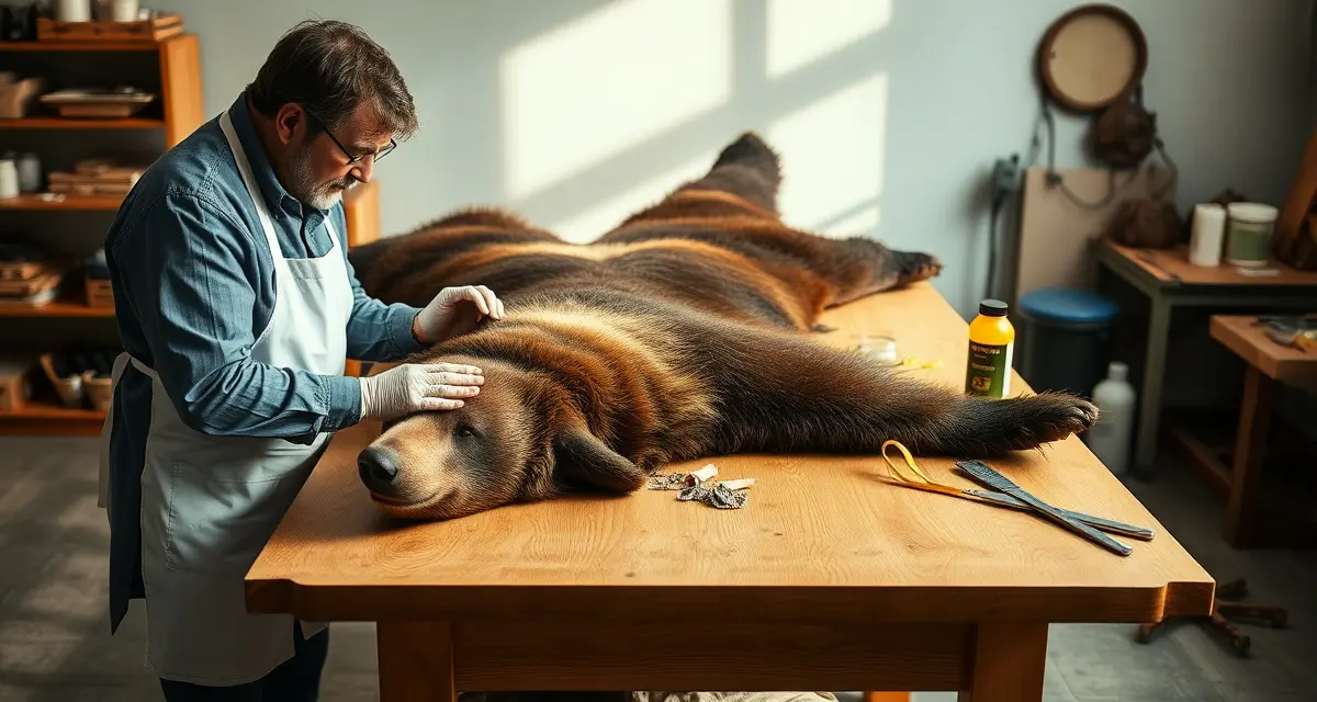 Bear taxidermy hide preparation and pricing Professional bear hide being prepared for taxidermy mount, showing quality tanning materials and specialized processing equipment used in high-end wildlife mount creation