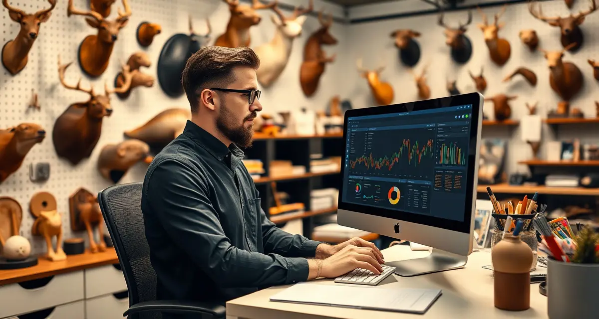 Modern taxidermy shop management software interface Taxidermy shop manager using best taxidermy software on computer with mounted animals in background