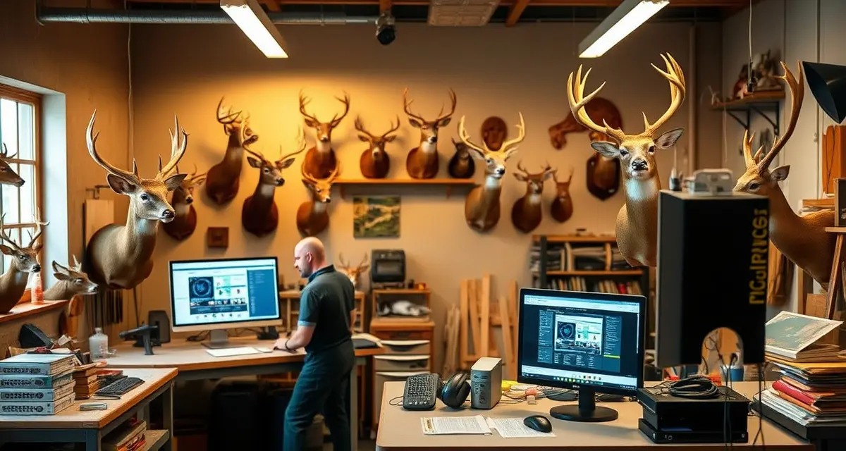 Peak deer season taxidermy shop management Taxidermy workshop during deer season showing organized workstations and mounted deer displays with management software interface