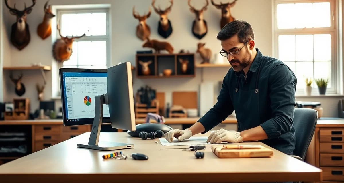 Efficient taxidermy shop software for solo operators Solo taxidermist using management software at organized workbench with mounted animal displays