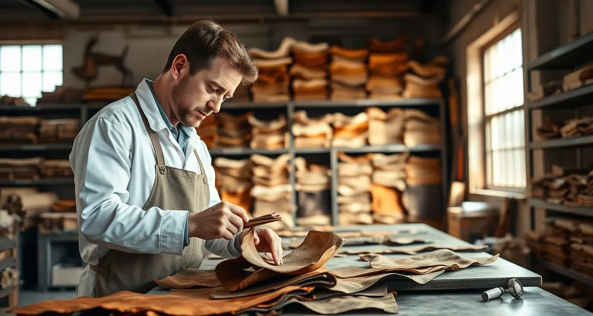 Finding the right taxidermy tannery partner for your shop Taxidermist reviewing quality tanned hides at professional tannery facility with organized material samples and modern workstations