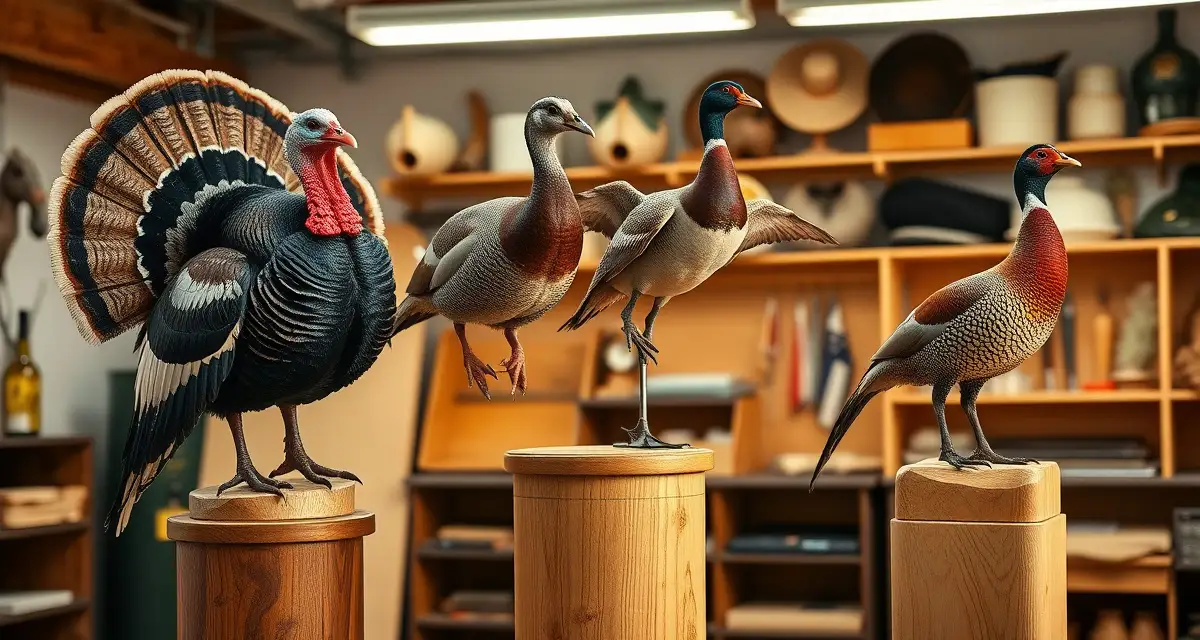 Professional bird taxidermy pricing examples Bird taxidermy pricing calculator guide showing mounted turkey, duck, and upland bird specimens with pricing information.