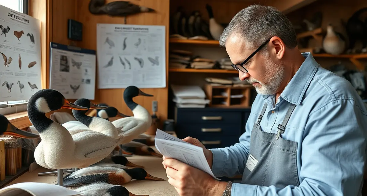 Waterfowl compliance documentation workflow Taxidermist inspecting waterfowl specimen with CDFW compliance documentation for California waterfowl season preparation