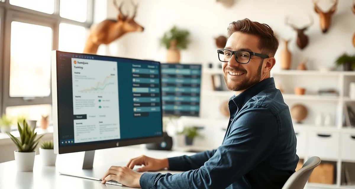 Comparing taxidermy shop management software solutions Taxidermy shop owner evaluating software features and pricing options on computer screen for business management.