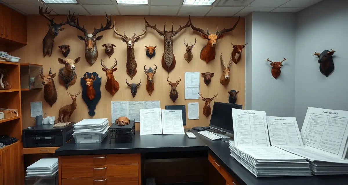 Professional CITES compliance documentation for taxidermy shops Taxidermist workspace showing CITES documentation and exotic species records for compliance tracking and legal requirements.