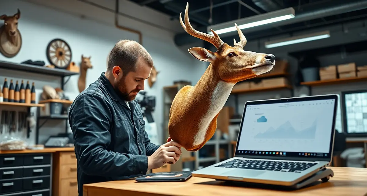 Cloud management tools for taxidermy operations Taxidermist using cloud-based shop management software on tablet while working in modern taxidermy studio.