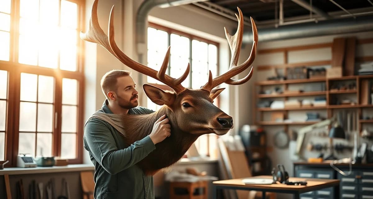 Elite elk mount preparation for Colorado hunting season Professional taxidermist examining a mounted elk head in a modern workshop studio with natural lighting