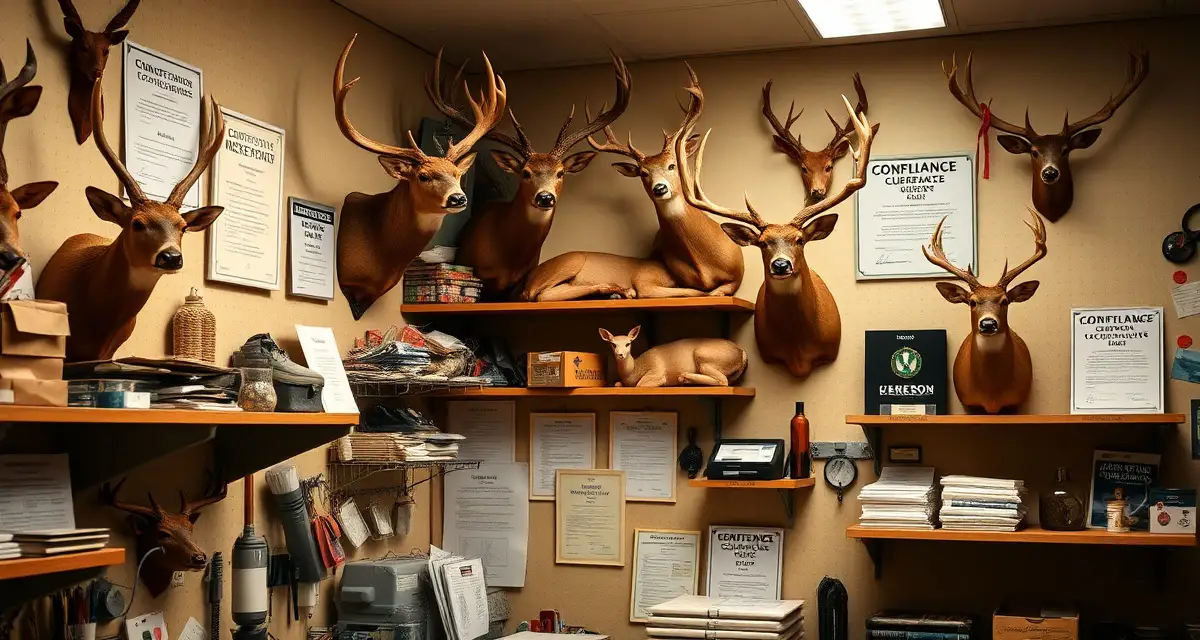 Colorado taxidermist compliance and licensing requirements Professional taxidermy shop display with mounted Colorado elk and deer specimens, showing proper licensing and compliance documentation standards