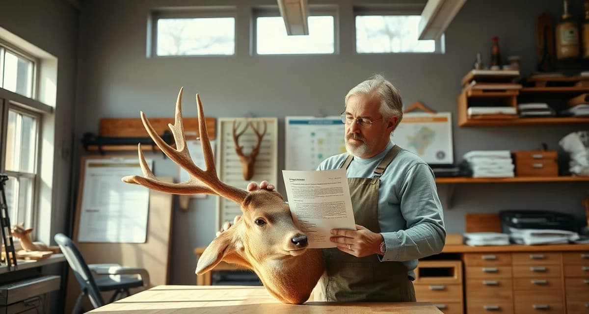 Chronic Wasting Disease compliance guidelines for taxidermy professionals Taxidermist reviewing CWD regulations and compliance documentation for deer carcass acceptance in regulated zones.
