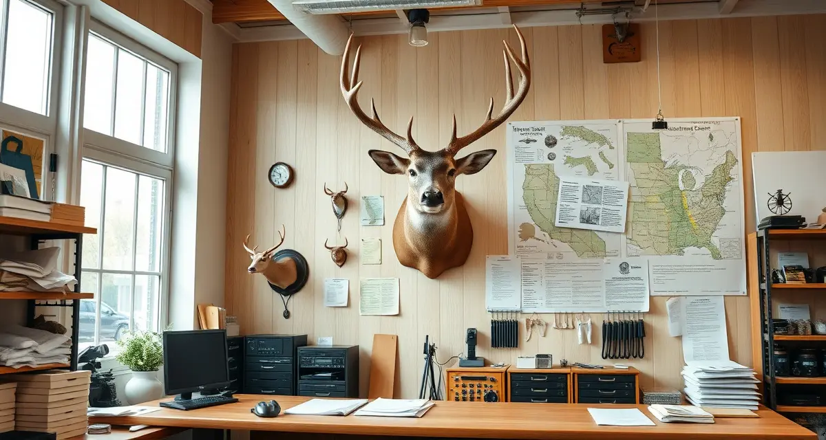 CWD zone compliance setup for taxidermy shops Taxidermist workspace showing CWD compliance documentation and mounted deer specimens for state-by-state regulatory reference