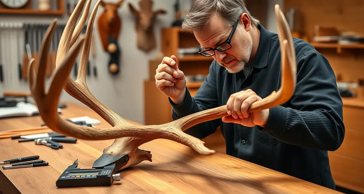 Professional antler measurement for taxidermy intake Taxidermist measuring deer antlers using Boone and Crockett scoring tools at intake desk for accurate documentation