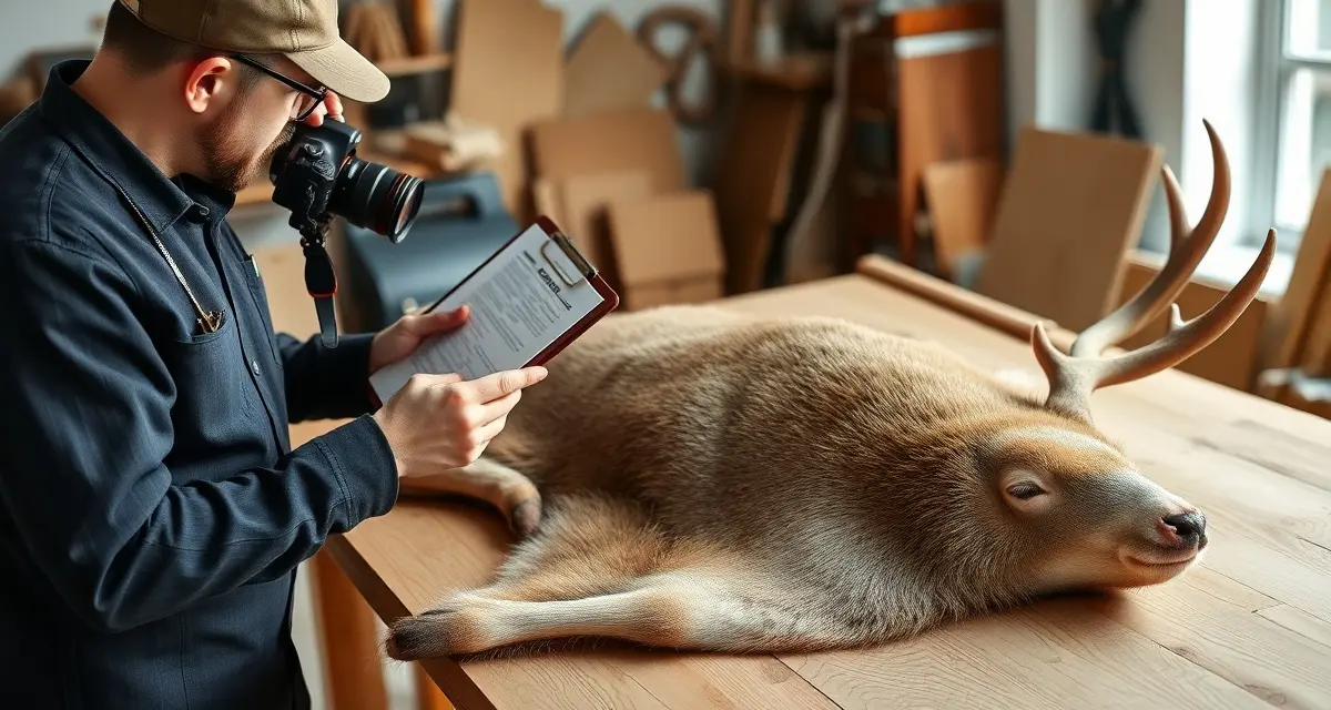 Professional deer cape condition documentation at intake Taxidermist documenting deer cape condition with detailed photography and written assessment during intake evaluation process