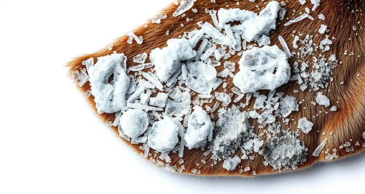 Freezer burn damage on taxidermy deer cape Deer cape with freezer burn damage showing ice crystals and hair loss on fur surface, demonstrating improper storage conditions.