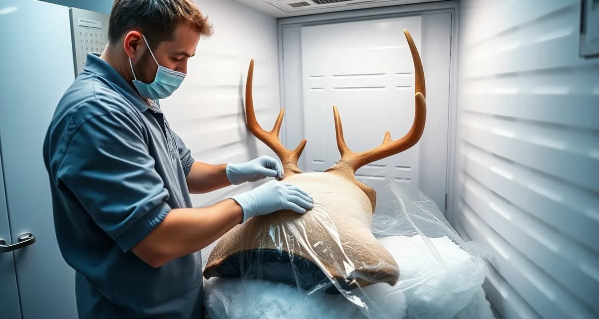Professional deer cape freezer storage preparation Taxidermist preparing deer cape for winter storage using proper vacuum-sealing technique to prevent freezer burn and preserve quality