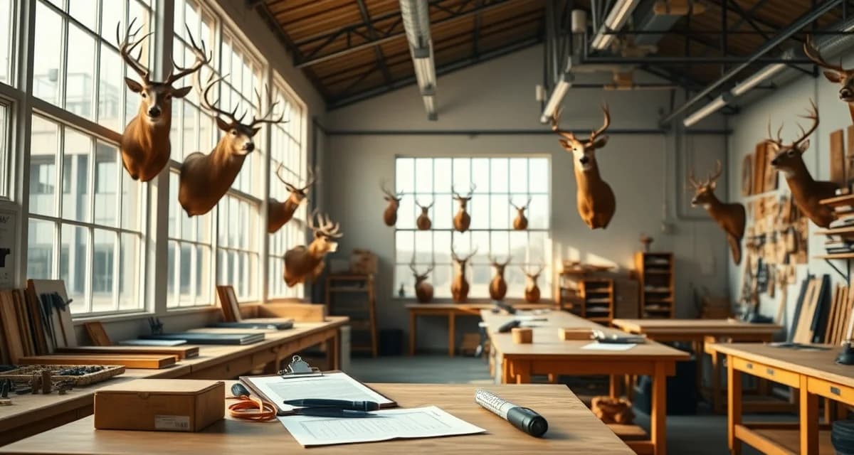 Professional deer intake capacity planning and workflow organization Taxidermy shop intake capacity planning station with organized workspace, measurement tools, and mounted deer displays for volume management.