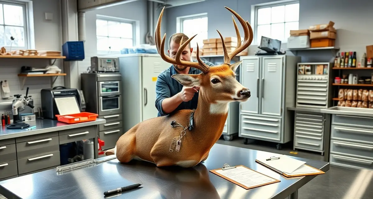 First day deer season taxidermy shop preparation Organized taxidermy shop workspace prepared for opening day of deer season with intake forms and cold storage systems ready