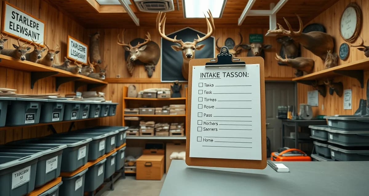 Taxidermy shop prepared for deer season opening week Organized taxidermy shop intake station with deer season preparation checklist, supplies, and organized workstations ready for opening week.