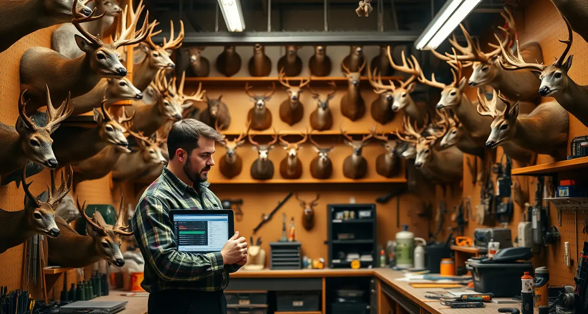 Managing taxidermy workflow during busy deer season Taxidermy shop manager using software to organize deer mounts during peak hunting season intake rush with organized mounted specimens visible