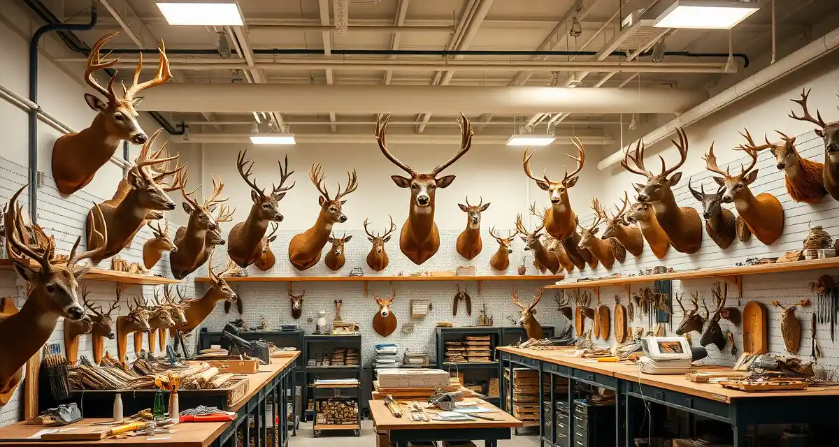 MountChief deer season workflow optimization Organized taxidermy workshop during peak deer season showing workflow stations and mounted deer heads in various completion stages