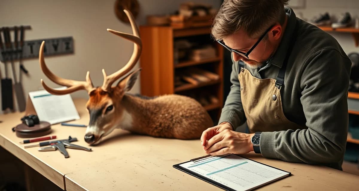 Professional Deer Taxidermy Intake Documentation Taxidermist documenting deer specimen measurements and condition during professional intake checklist process at workbench with tools and forms.
