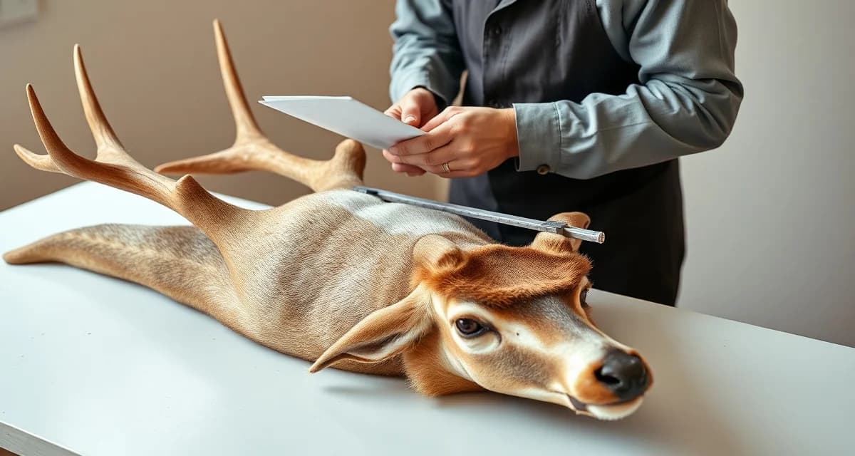 Professional deer cape measurement and documentation Taxidermist measuring deer cape during intake process with measurement tools and documentation clipboard on workbench