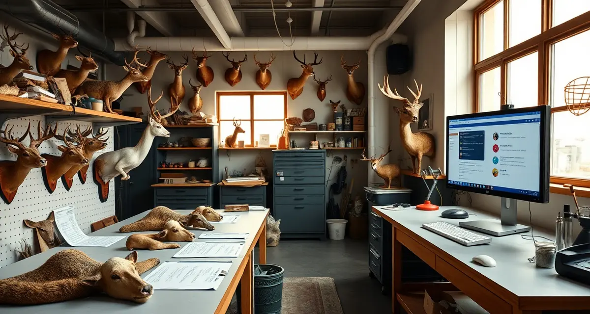 MountChief taxidermy management solution for Delaware shops Modern taxidermy shop management software interface displayed in Delaware taxidermy studio with mounted specimens and organized workstations.