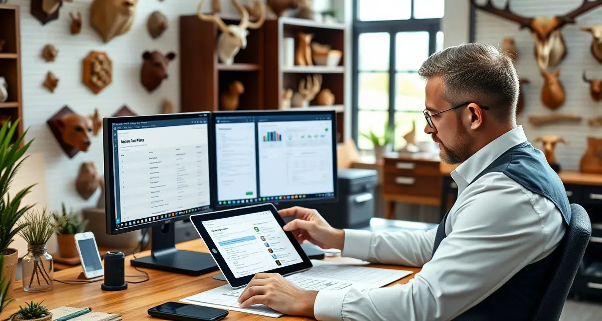Modern digital intake workflow for taxidermy shops Digital taxidermy intake system showing streamlined client intake forms and compliance records on computer screen