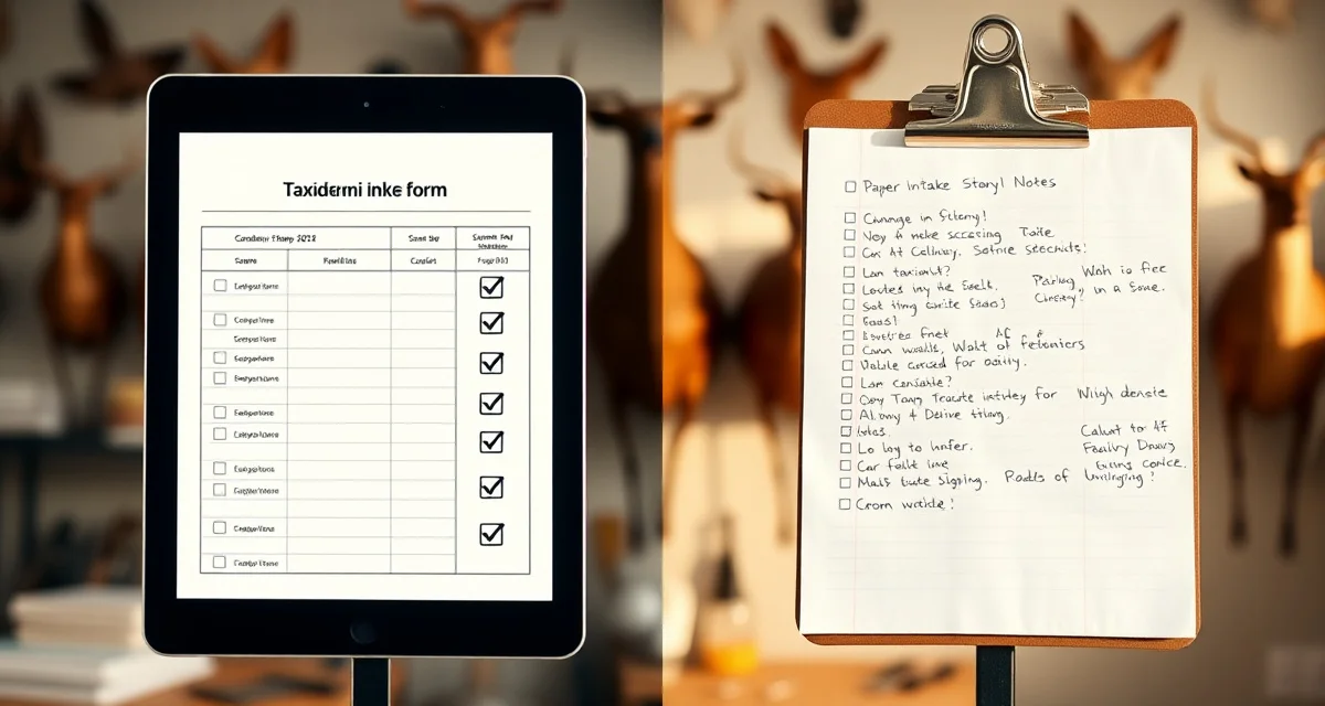 Digital intake form efficiency compared to paper intake Comparison of digital taxidermy intake system versus traditional paper-based intake process for shop management.