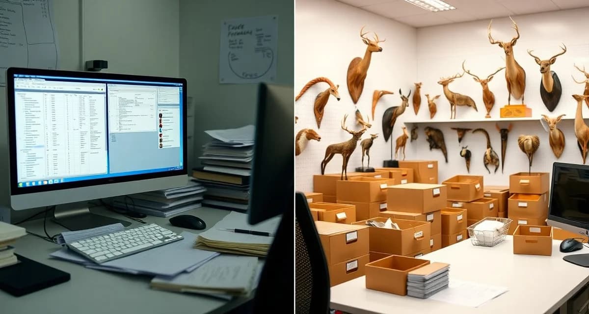 Digital vs Paper Taxidermy Record Management Comparison of digital taxidermy record-keeping system on computer versus paper filing for wildlife compliance documentation