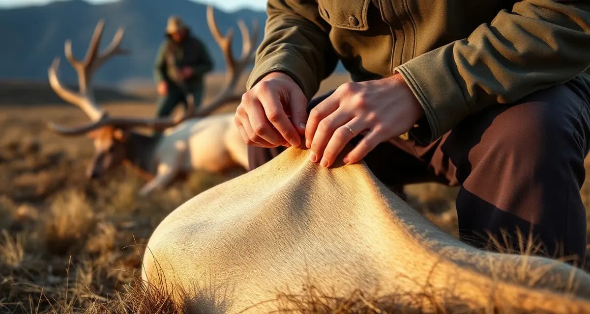 Proper elk cape field care prevents trophy loss Taxidermist demonstrating proper elk cape field care technique to prevent heat-induced slippage during trophy preparation.