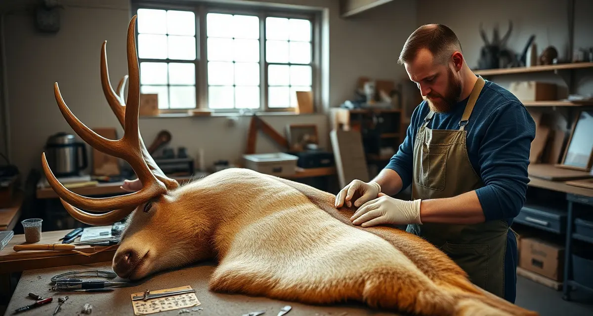 Elk cape preparation for taxidermy shops Professional taxidermist inspecting and preparing an elk cape during peak hunting season intake, demonstrating proper handling techniques for western shop operations.