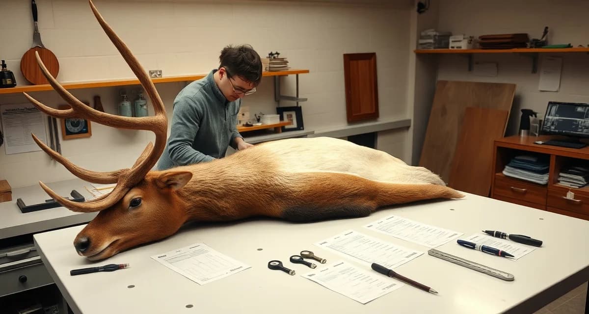 Professional elk taxidermy intake and documentation process Taxidermist performing elk specimen intake assessment with documentation checklist and measurement tools on workbench