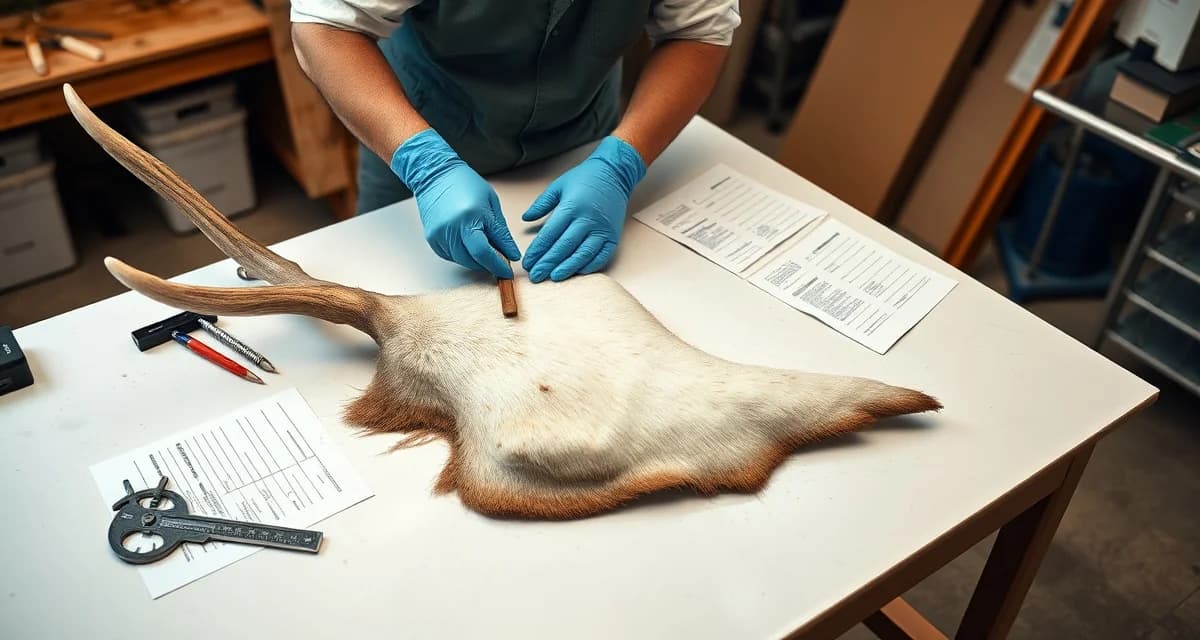 Professional elk mount intake documentation procedures Taxidermist measuring elk cape girth during intake process with detailed documentation records and measurement tools on workbench