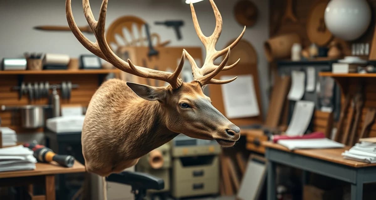High-value elk mount job tracking and management Professional elk shoulder mount on work stand in taxidermy studio with tracking management tools displayed