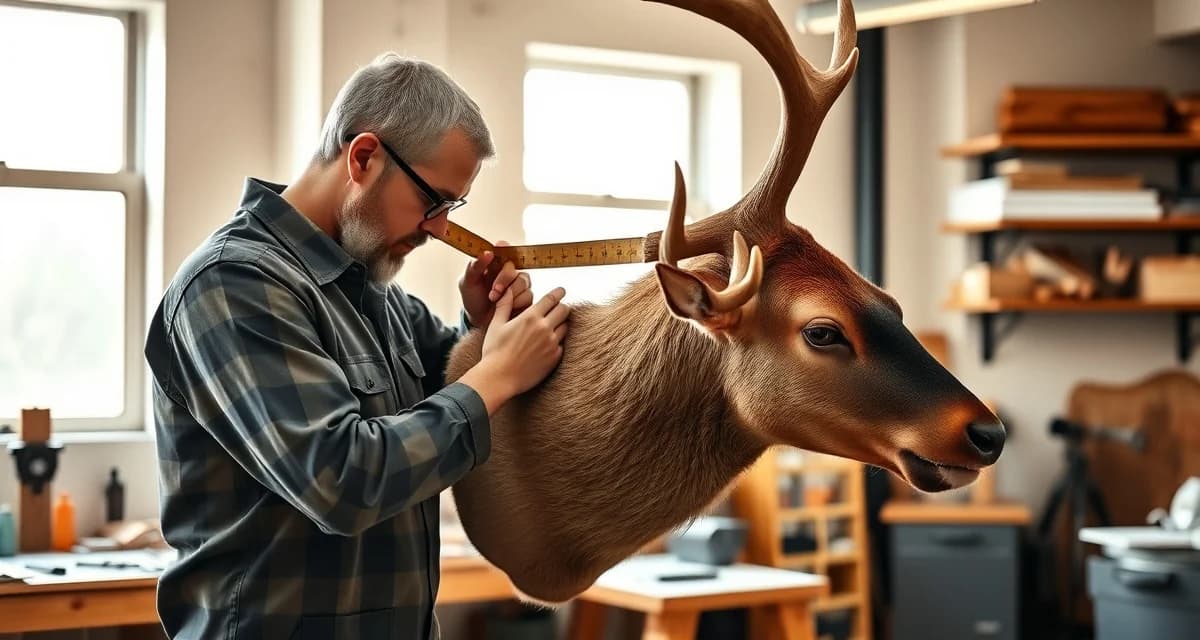 Professional elk taxidermy pricing consultation Taxidermist measuring elk shoulder mount to determine accurate pricing based on time and materials invested