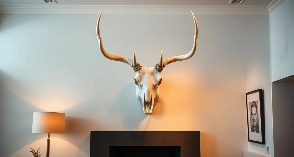 Contemporary European mount trophy display Pristine European mount taxidermy with whitened skull and antlers displayed on modern minimalist wall