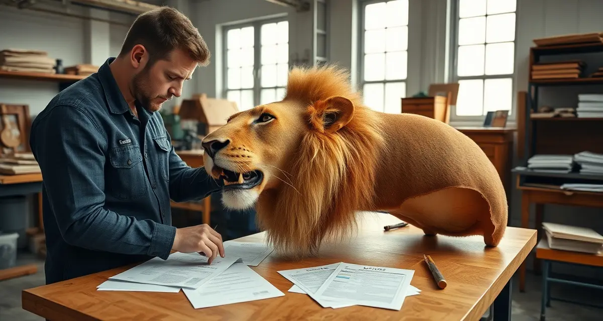 Exotic trophy documentation and species tracking workflow Taxidermist reviewing CITES compliance documentation for an African lion mount in professional shop setting