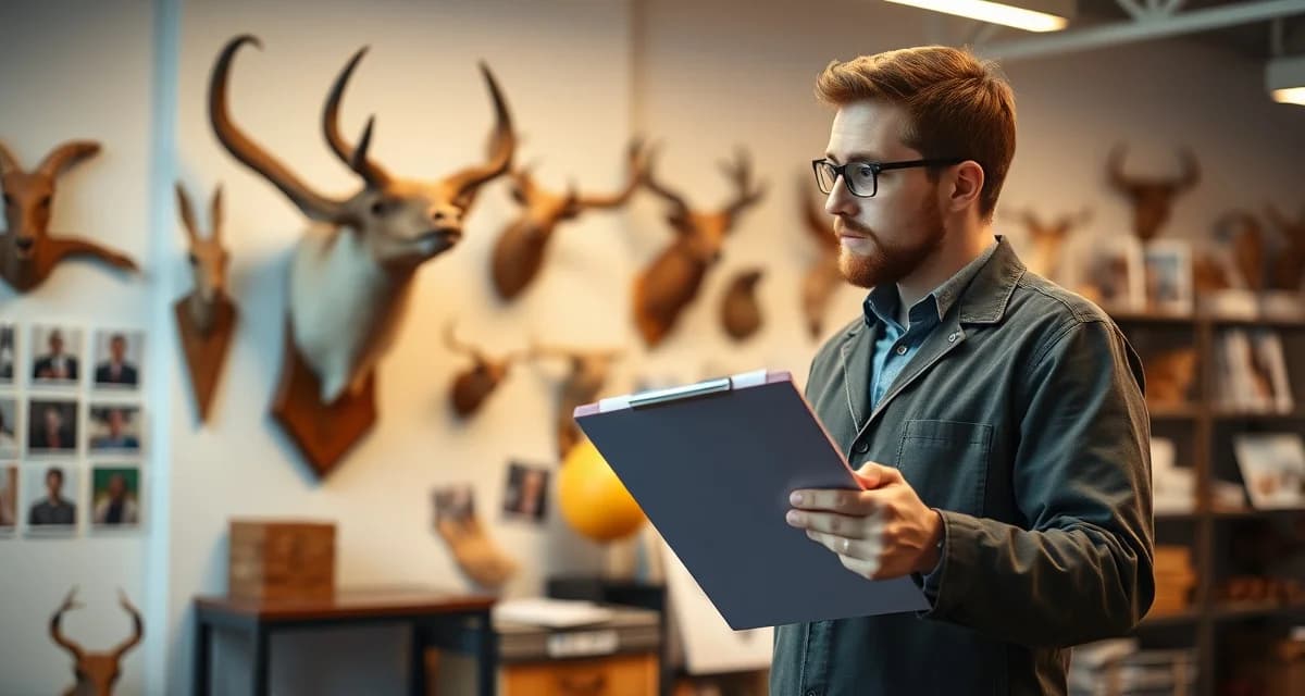 Expert taxidermist quality assessment in professional studio Professional taxidermist reviewing mounted wildlife specimen in clean studio workspace with portfolio materials